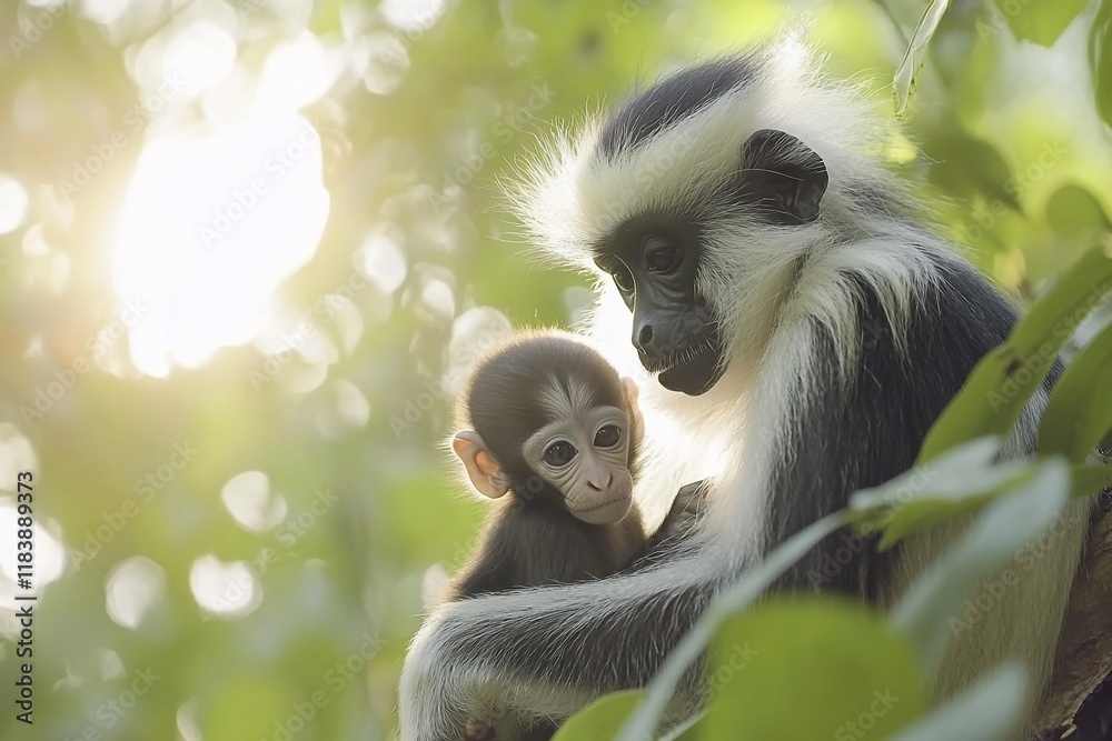 Fototapeta premium A mother black-and-white colobus monkey tenderly cradles her infant in a sun-dappled tree.