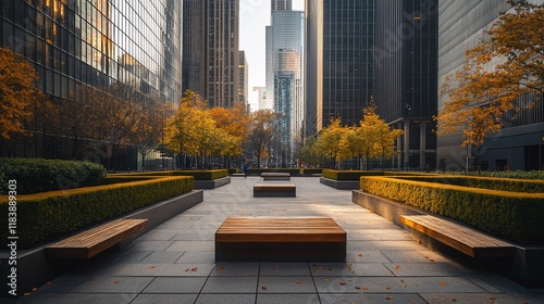 Tranquil urban park with autumn foliage between skyscrapers.