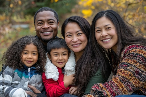 Multicultural family portrait showcasing joyous connections and shared love among diverse backgrounds in a serene outdoor setting