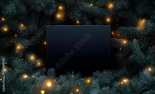une boîte noire creuse vide au milieu de branches de sapins avec guirlandes lumineuse pour présentation de produit