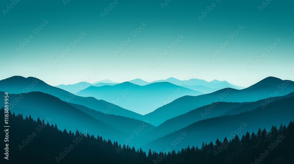 Obraz premium Misty Blue Mountain Range with Layers of Hills and Dense Forest in Tranquil Light