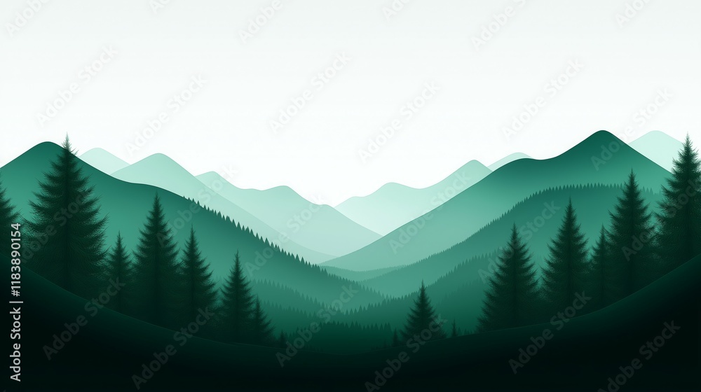 Fototapeta premium Misty Hills and Forested Mountains with Gradient Blue Layers in Peaceful Horizon