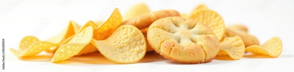Golden brown cookie, melty chips, stark white background, chips, rustic