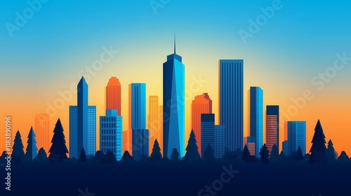 Modern City Skyline with Skyscrapers and Trees - Urban Landscape Illustration photo