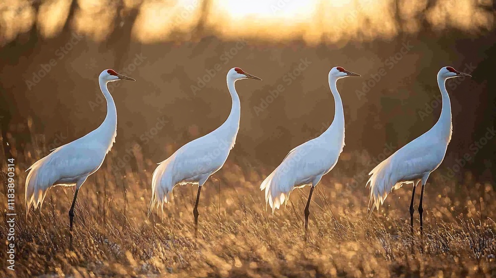 Fototapeta premium Four whooping cranes standing in a field at sunset.
