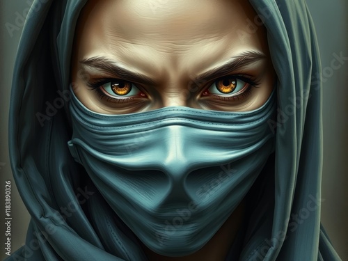 A highly realistic, hyperrealistic portrait of a woman, where her face is obscured by a mask, yet her eyes shine with an intense, inner light photo