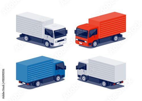 Modern city compact box truck with separate cab and cargo area. Small medium size cube vehicle for urban delivery. Light duty fleet transport. Car isolated vector on white in isometric dimetric style.