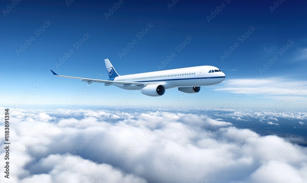 Clouds part as a sleek airplane soars above the horizon during a bright day Clouds part as a sleek airplane soars above the horizon during a bright day