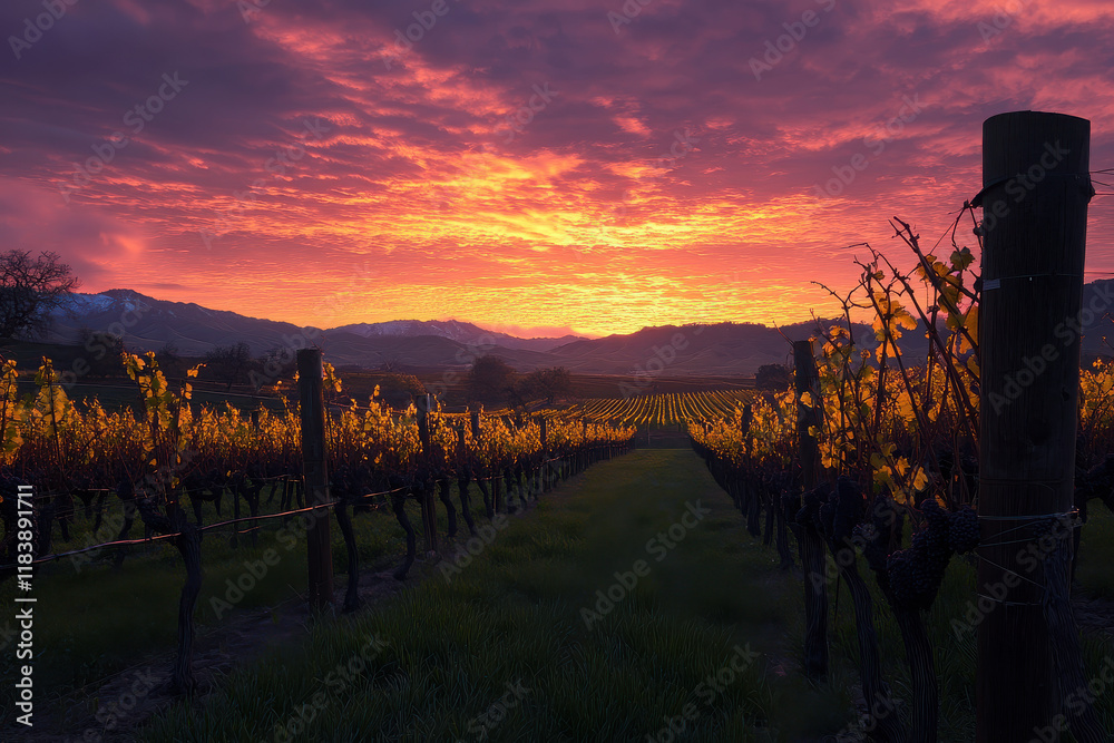 Obraz premium A vibrant sunset over a vineyard, showcasing rows of grapevines and mountains in the background.