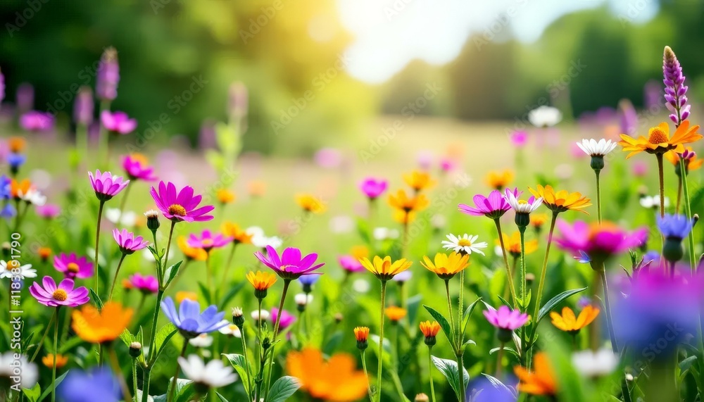 Obraz premium Colorful Flower Field, Sunny Meadow, Wildflowers, Spring Bloom, Summer Day