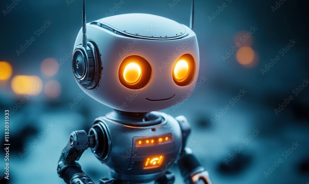 Cute robot with glowing eyes stands in a softly lit environment, evoking a sense of wonder and curiosity Cute robot with glowing eyes stands in a softly lit environment, evoking a sense of wonder and curiosity