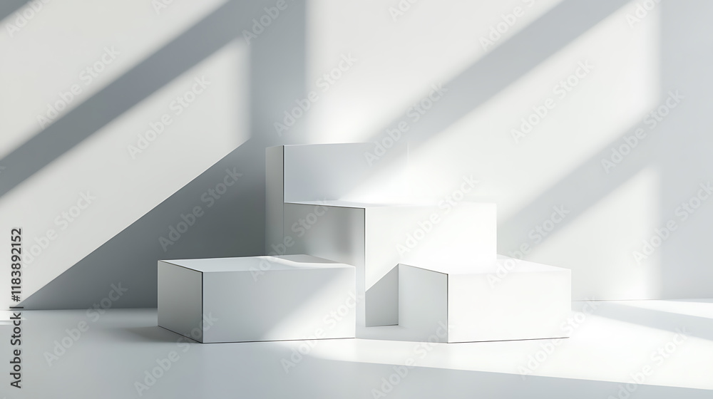 Minimalist design for presentation and product display, white square podiums with sunlight and shadow background Minimalist design for presentation and product display, white square podiums with sunlight and shadow background