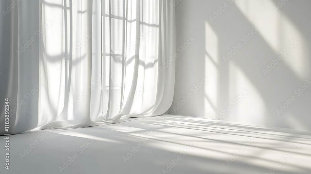 Fototapeta premium Minimalistic abstract gentle white background with light and shadow of window curtains on wall