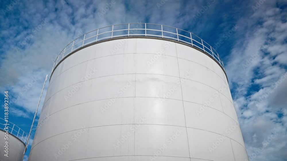 Large industrial storage tanks under a bright blue sky with scattered clouds. The white cylindrical structures feature metal railings on top, standing out against the vibrant backdrop. Large industrial storage tanks under a bright blue sky with scattered clouds. The white cylindrical structures feature metal railings on top, standing out against the vibrant backdrop.