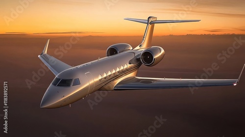 Luxury business jet soaring above a stunning sunset landscape during evening flight photo