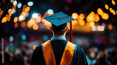 Graduate standing proudly before crowd at graduation ceremony under festive lights in celebratory atmosphere