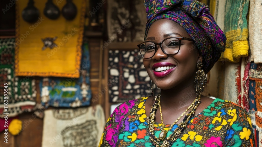 Obraz premium Portrait of a smiling African woman in vibrant clothing and traditional headwrap