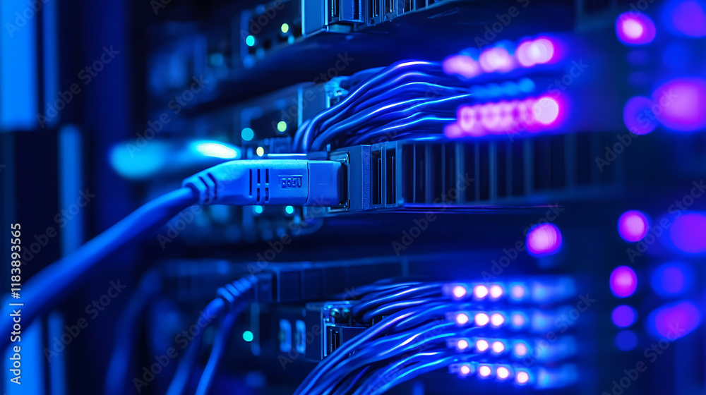 Naklejka premium Network server panel, switch and patch cord cable in data center glowing in the dark, blue led