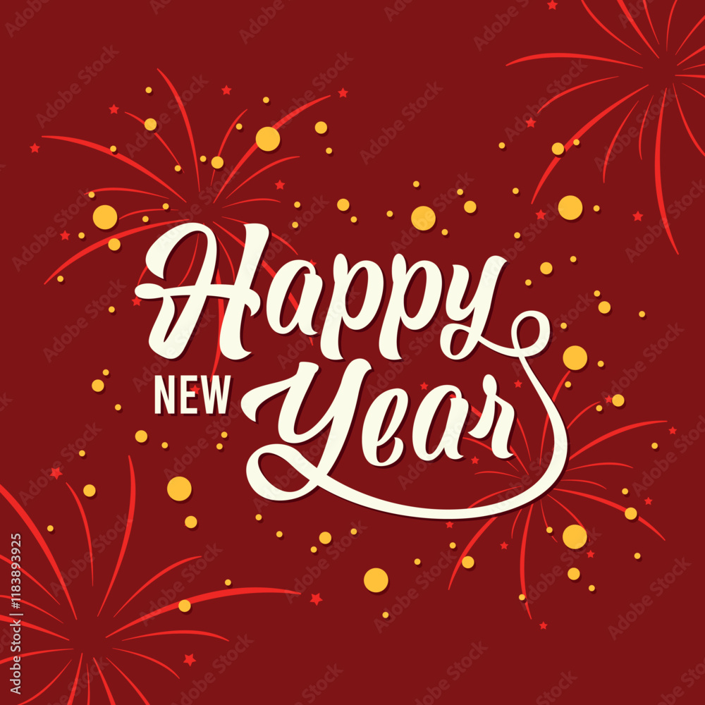 Vector image template for Happy New Year calligraphy text in gold with fireworks ornaments and red background
Vector image template for Happy New Year calligraphy text in gold with fireworks ornaments and red background