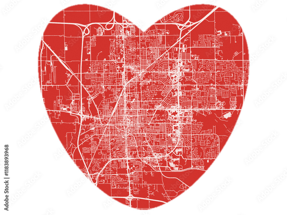 Heart-Shaped Map of Bloomington Illinois, USA in Bold Red and White Design. Heart-Shaped Map of Bloomington Illinois, USA in Bold Red and White Design.