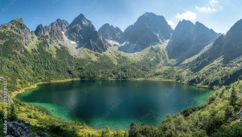 Fototapeta premium Majestic mountains rise sharply above a crystal-clear lake, surrounded by vibrant greenery and bright blue sky. Sunlight dances on the water's surface, inviting peaceful reflection