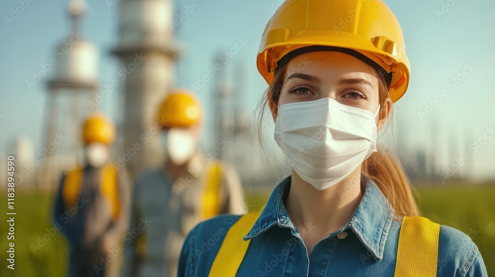 People working for alternative energy farm while wearing safety masks - Soft focus on helmets