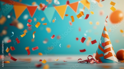 Colorful Party Hat and Confetti with Festive Background and Copy Space