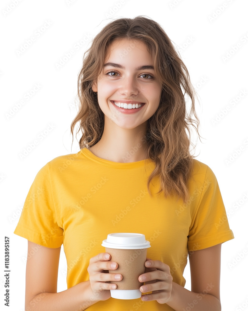 cheerful woman in yellow shirt holding coffee cup, smiling warmly, isolated on transparency background cheerful woman in yellow shirt holding coffee cup, smiling warmly, isolated on transparency background