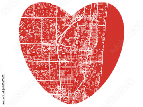 Obraz na płótnie Heart-Shaped Map of Boca Raton  Florida, USA in Bold Red and White Design