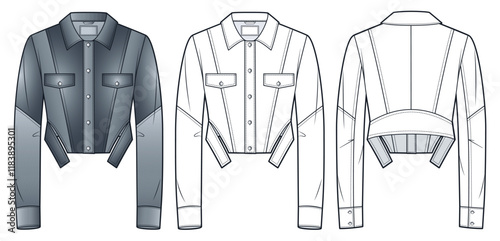 Cropped Jacket technical fashion Illustration. Denim Jacket fashion flat technical drawing template, buttons, pockets, front and back view, white, grey, women, men, unisex CAD mockup set.