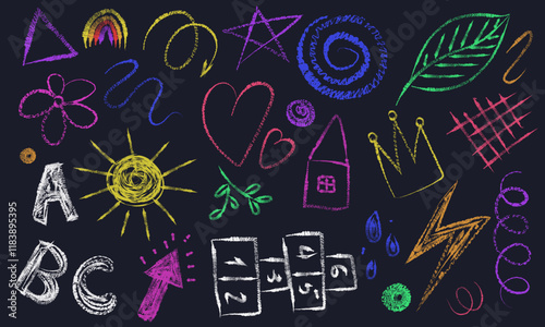 Funky geometric chalk shapes and icons. Doodle crayon, contemporary figures, primitive elements. Kids drawing geometric shapes.Vector illustrations