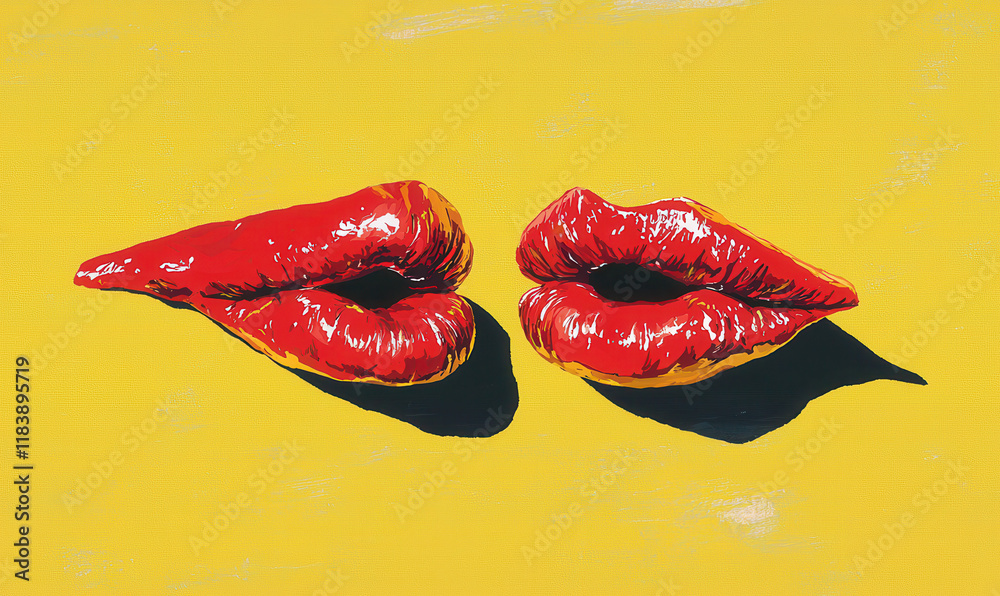 Bold Pop Art Painting of Red Lips on Bright Yellow Background
