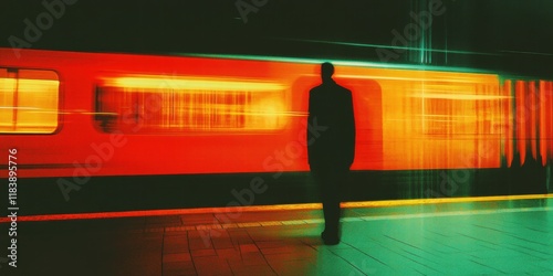 Man standing in glowing station with motion blur