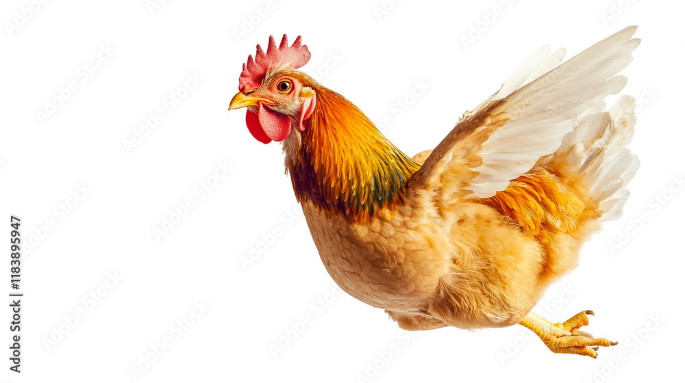 Fototapeta premium One chicken flying isolated on a transparent background, captured in mid-flight to showcase the graceful motion of this poultry bird in the air. A perfect image for agriculture or wildlife concepts.