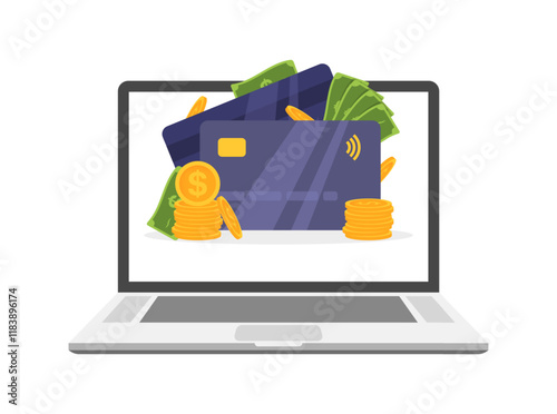 Laptop money icon. Flat style. Vector icon.