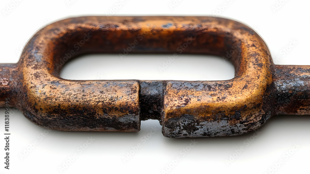Broken rusty chain link close-up, white background, security concept Broken rusty chain link close-up, white background, security concept