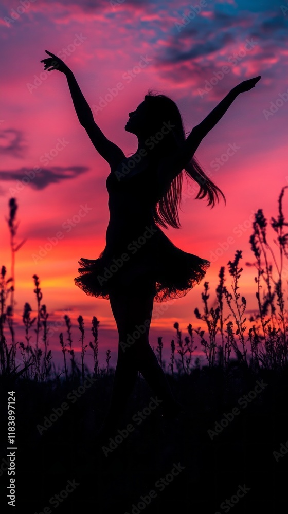 A dancer creates a graceful silhouette against a stunning sunset, with colorful skies illuminating the scene. The peaceful landscape adds to the beauty of this artistic moment A dancer creates a graceful silhouette against a stunning sunset, with colorful skies illuminating the scene. The peaceful landscape adds to the beauty of this artistic moment