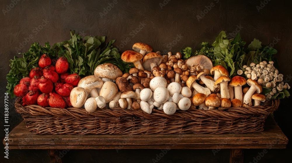 A vibrant display of fresh vegetables and assorted mushrooms arranged in a rustic basket, showcasing their natural colors and textures. A vibrant display of fresh vegetables and assorted mushrooms arranged in a rustic basket, showcasing their natural colors and textures.