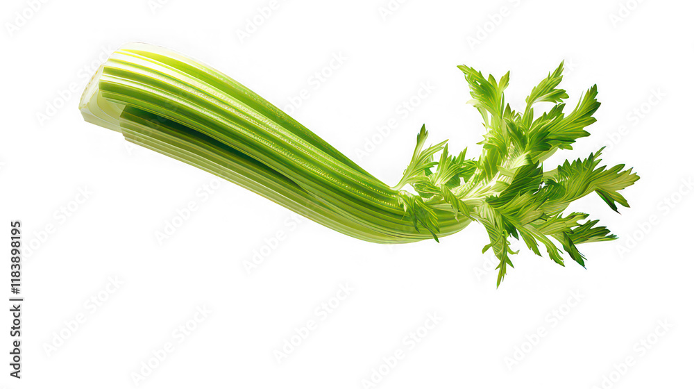 Fototapeta premium Falling celery stalk slice captured isolated on white background