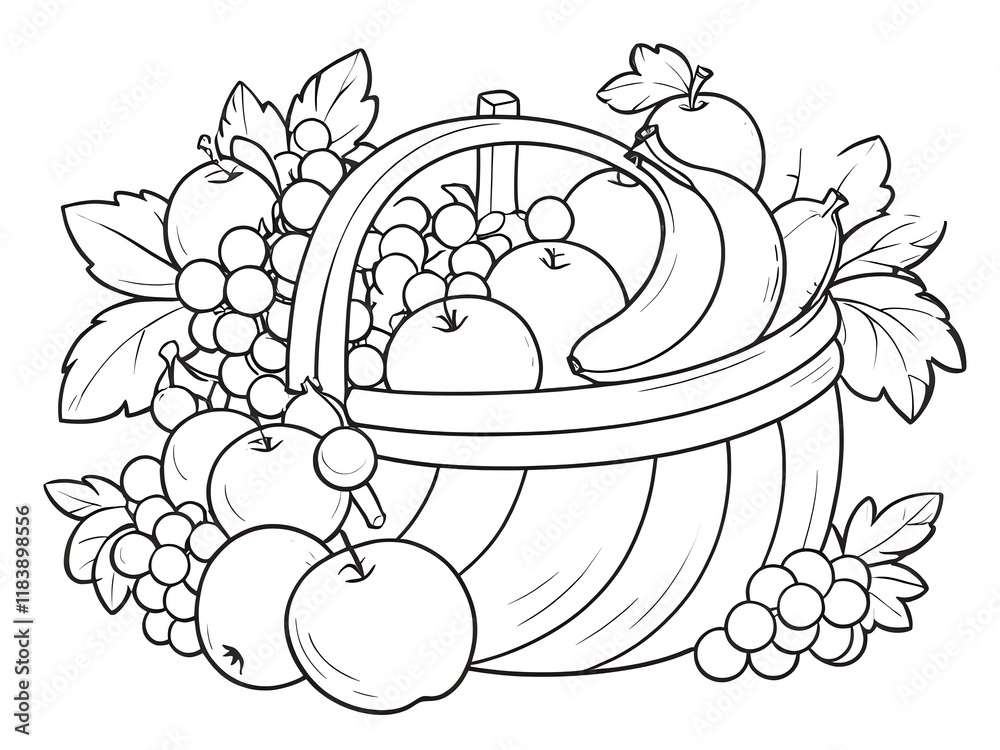 Fruit Basket Coloring Page: A Delightful Illustration of Apples, Bananas, and Grapes in a Rustic Basket, Perfect for Kids and Adults Fruit Basket Coloring Page: A Delightful Illustration of Apples, Bananas, and Grapes in a Rustic Basket, Perfect for Kids and Adults