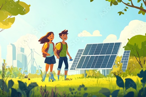 Cartoon characters living healthy lifestyle. Renewable energy and smart technology concept. Solar panels city energy charging. Power and energy sources. Modern alternative power. Ecological energy photo