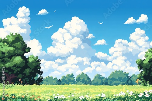 Landscape pixel art style blue sky, white clouds, green grass on ground vector illustration game interface design in 2D design, scenery of environment