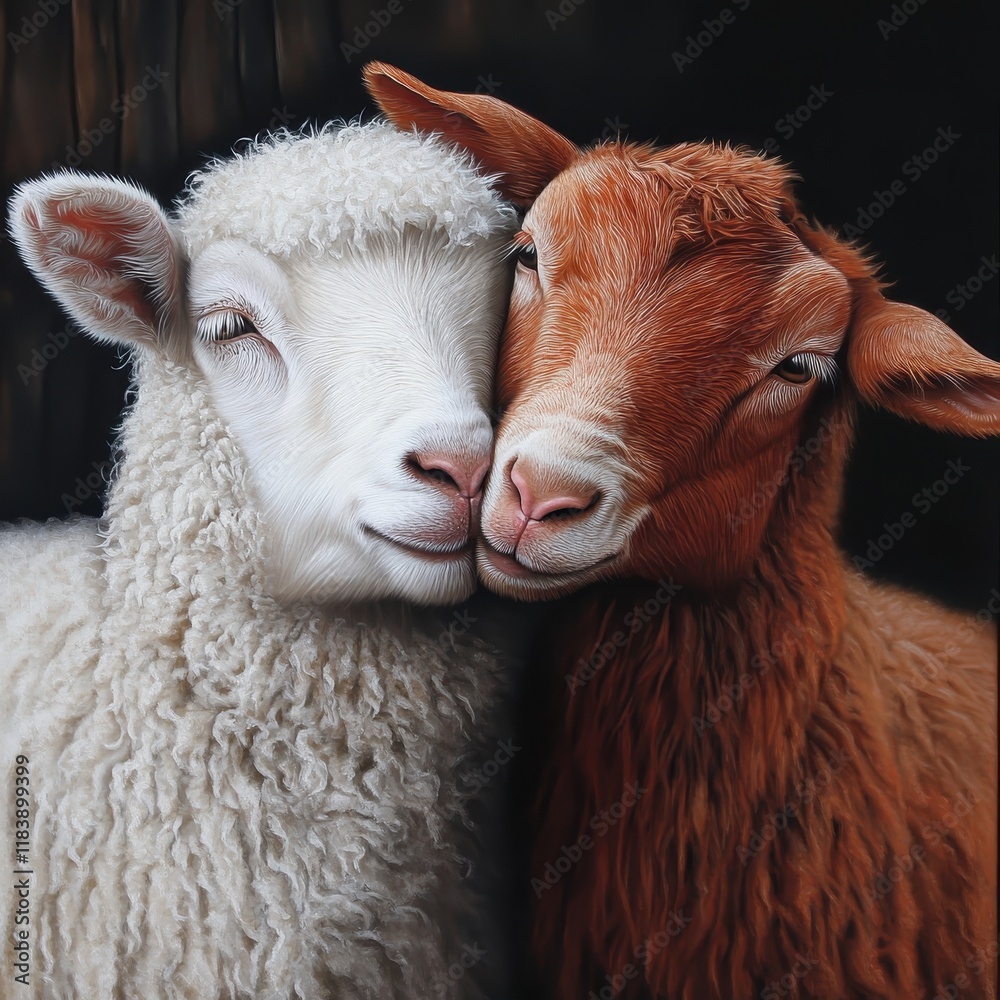 Two adorable sheep, one white and one reddish-brown, nuzzle closely together against a dark background, showcasing their affectionate bond. Two adorable sheep, one white and one reddish-brown, nuzzle closely together against a dark background, showcasing their affectionate bond.