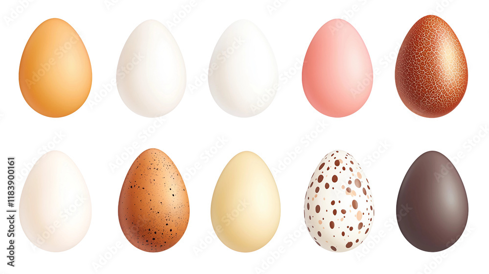 A set of realistic white and brown chicken eggs, glossy and isolated, ideal for kitchen illustrations, food photography, or organic product design, showcasing healthy food and farm freshness. A set of realistic white and brown chicken eggs, glossy and isolated, ideal for kitchen illustrations, food photography, or organic product design, showcasing healthy food and farm freshness.