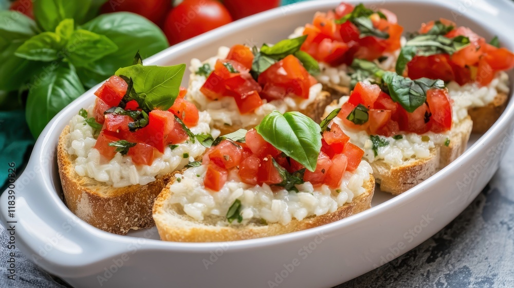 Fresh bruschetta topped with diced tomatoes and basil served in a white dish, garnished with vibrant green leaves. Fresh bruschetta topped with diced tomatoes and basil served in a white dish, garnished with vibrant green leaves.