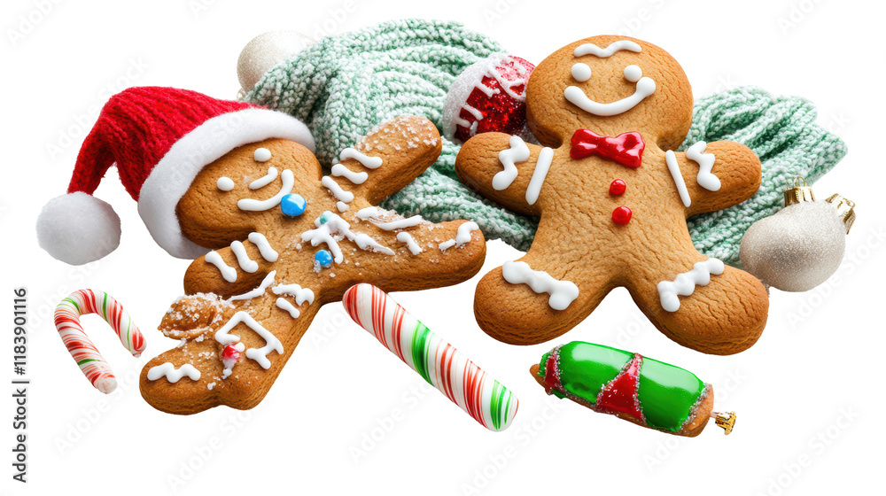 Fototapeta premium Christmas gingerbread man cookie decorated isolated on white background, PNG transparent.