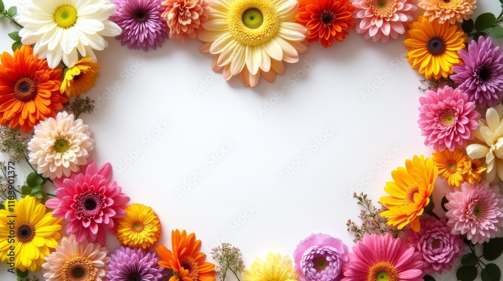 Fototapeta premium Heart of various flowers with central text space on soft white background