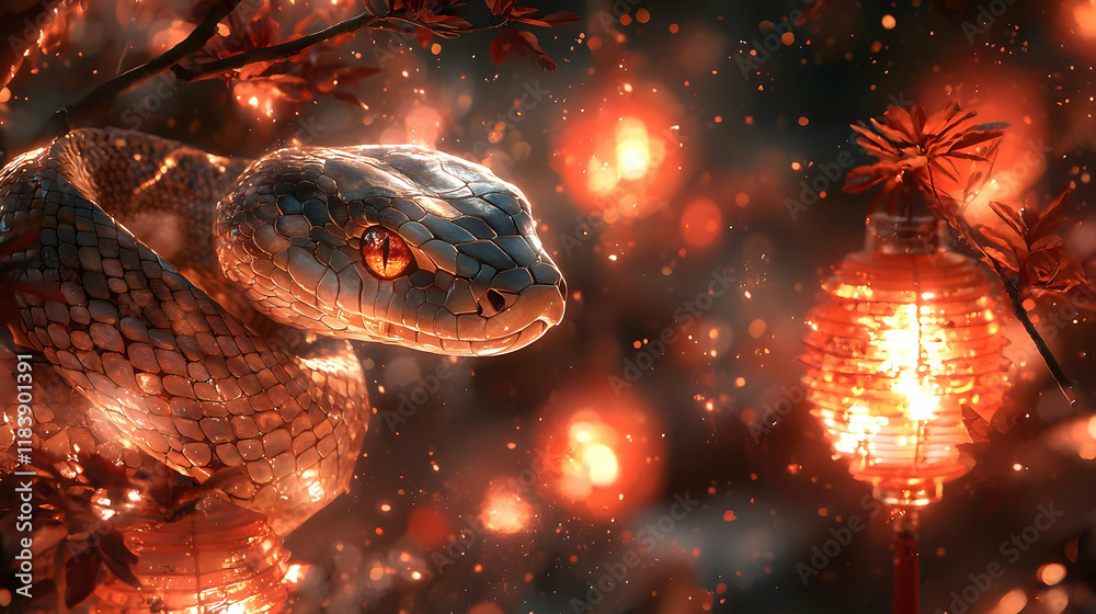 Serpentine Glow: Snake Amidst Lanterns Serpentine Glow: Snake Amidst Lanterns