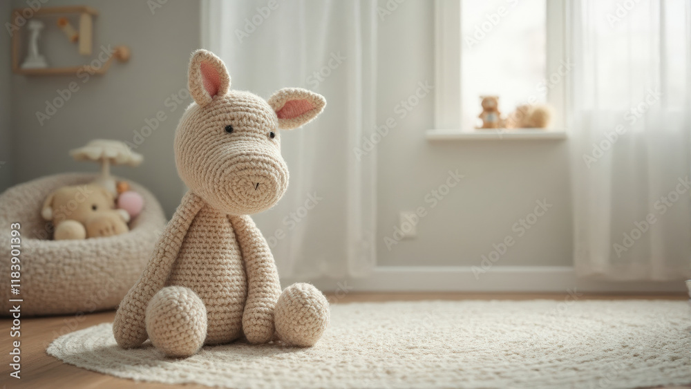 Fototapeta premium Adorable Crochet Pig Toy with Beige Yarn in Cozy Child's Nursery Room with Neutral Decor