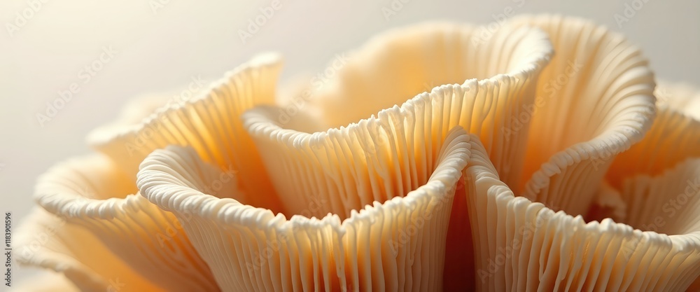 Close-up of delicate, creamy-colored mushroom cluster.  Intricate texture and soft light.